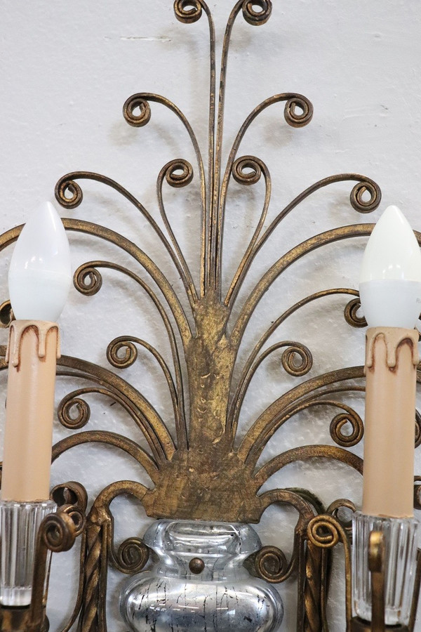 Gilded Iron and Crystal Sconces attributed to Maison Baguès, 1950s, Set of 2