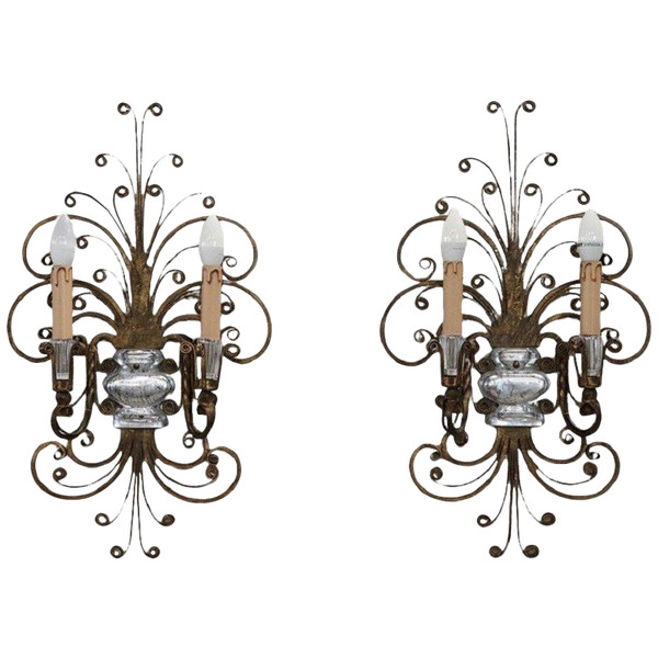 Gilded Iron and Crystal Sconces attributed to Maison Baguès, 1950s, Set of 2