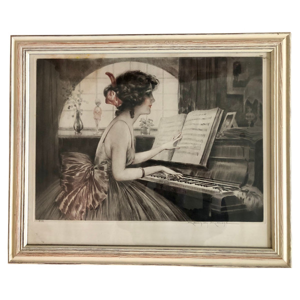 Mélodie femme au piano , print by Maurice Millière 1871-1946 Signed and numbered