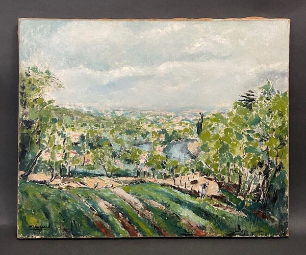 Oil on canvas landscape farmer in the fields village