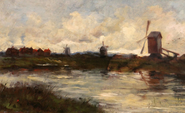 Edward CHAPPEL 1859-1946 Landschaft mit Mühlen, Niederlande oder Belgien, Gemälde, um 1883-85