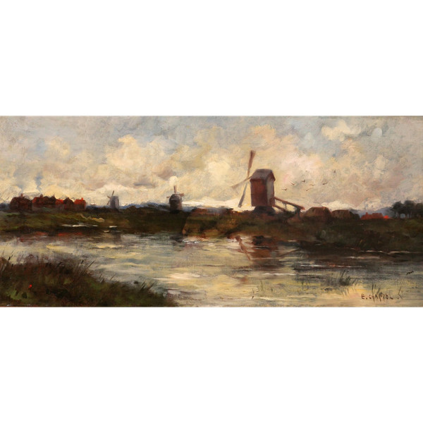 Edward CHAPPEL 1859-1946 Landschaft mit Mühlen, Niederlande oder Belgien, Gemälde, um 1883-85