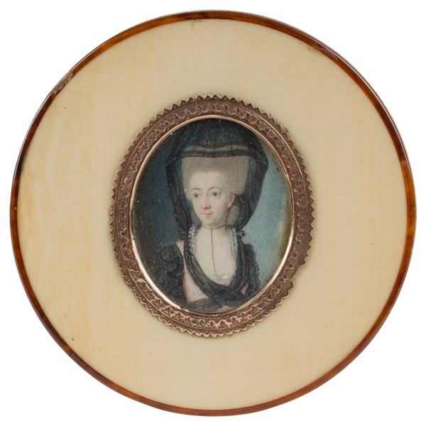 Tortoiseshell box decorated with 18th century miniature of woman with headdress