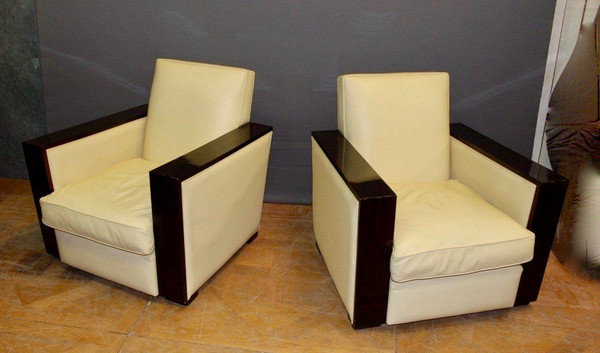 Pair Of Art Deco Rosewood And Beige Leather Armchairs