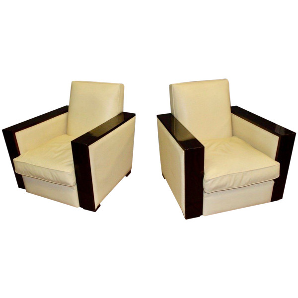 Pair Of Art Deco Rosewood And Beige Leather Armchairs