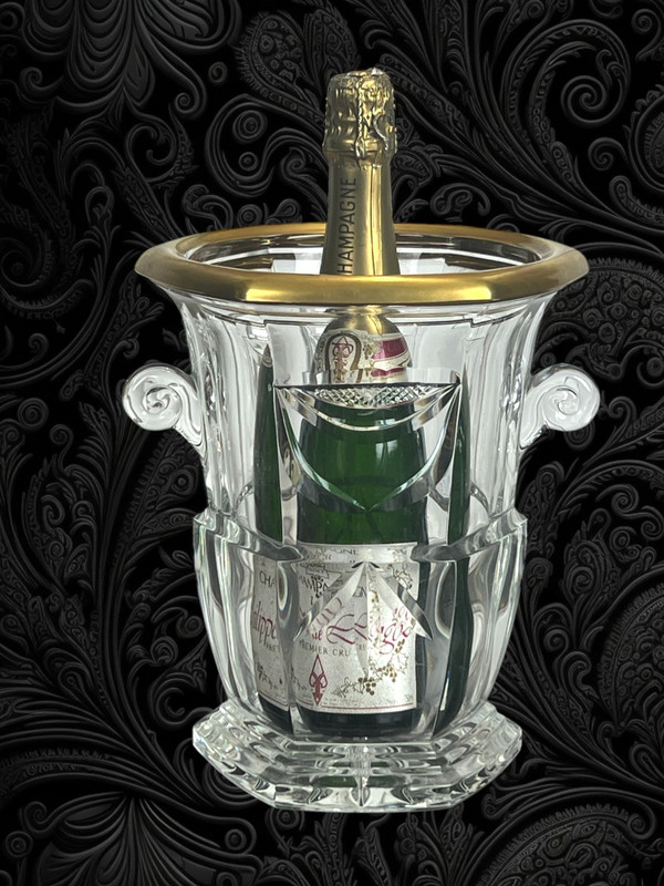 SIGNED CRYSTAL CHAMPAGNE BUCKET WITH SNAIL HANDLES AND GOLD RIM