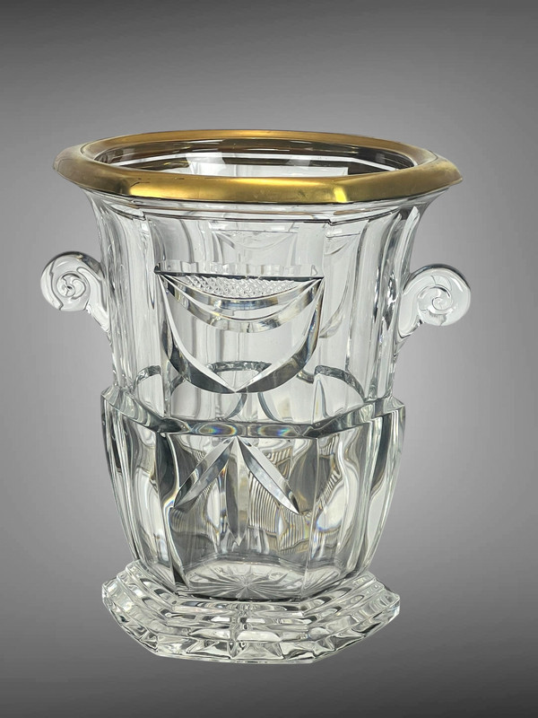 SIGNED CRYSTAL CHAMPAGNE BUCKET WITH SNAIL HANDLES AND GOLD RIM