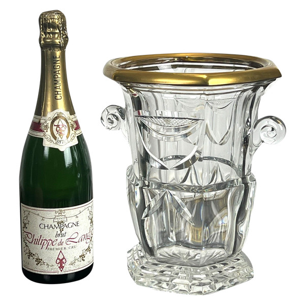 SIGNED CRYSTAL CHAMPAGNE BUCKET WITH SNAIL HANDLES AND GOLD RIM