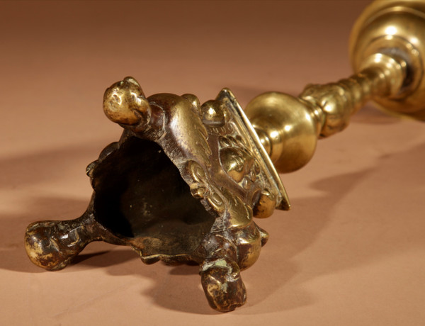 A genuine pair of original brass candlesticks from the southern (Flemish) Netherlands, circa 1680.