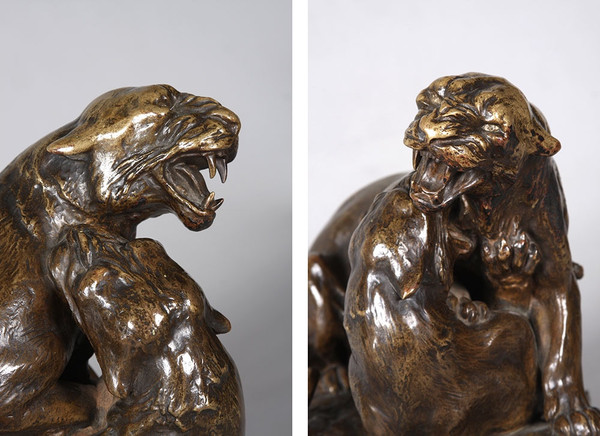 Art Deco bronze, Friedrich GORNIK 1877 / 1943, Panthers wrestling, Austrian School