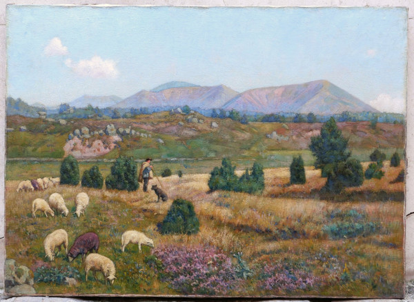 Théophile TAILHANDIER, Shepherd and his flock of sheep in front of the Puys, Auvergne