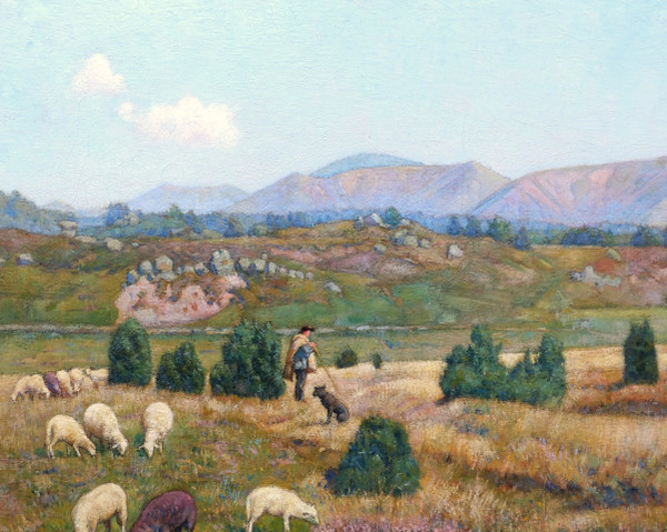 Théophile TAILHANDIER, Shepherd and his flock of sheep in front of the Puys, Auvergne