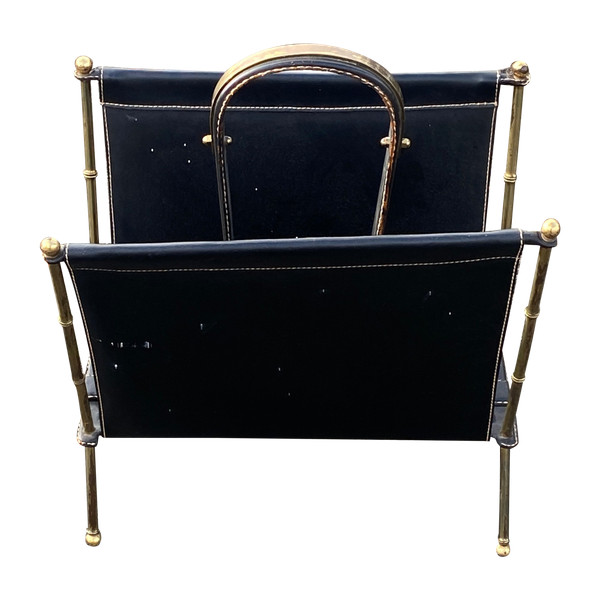 1950/70′ Magazine Rack Jacques Adnet Cuir Et Bronze Ou Laiton Doré