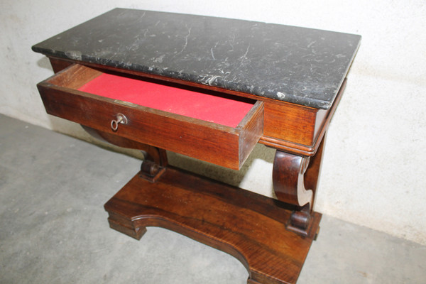 Empire style mahogany console with 1 drawer and black marble top, 19th century