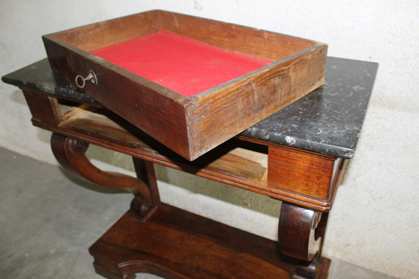 Empire style mahogany console with 1 drawer and black marble top, 19th century