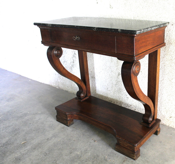 Empire style mahogany console with 1 drawer and black marble top, 19th century