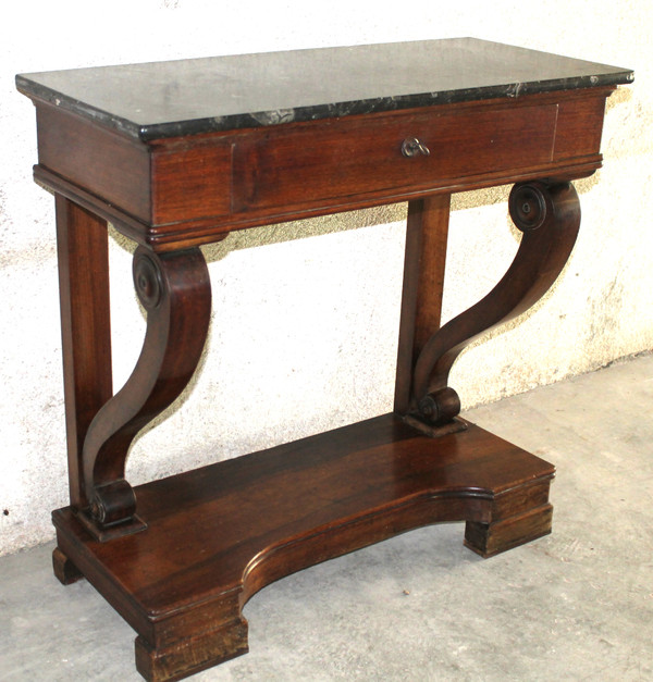 Empire style mahogany console with 1 drawer and black marble top, 19th century