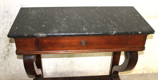 Empire style mahogany console with 1 drawer and black marble top, 19th century