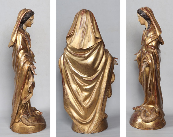 Große Madonna XVIII ème, 67 cm, vergoldete Holzskulptur Blattgold und polychromem Holz