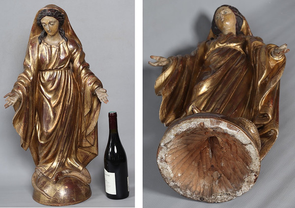 Große Madonna XVIII ème, 67 cm, vergoldete Holzskulptur Blattgold und polychromem Holz