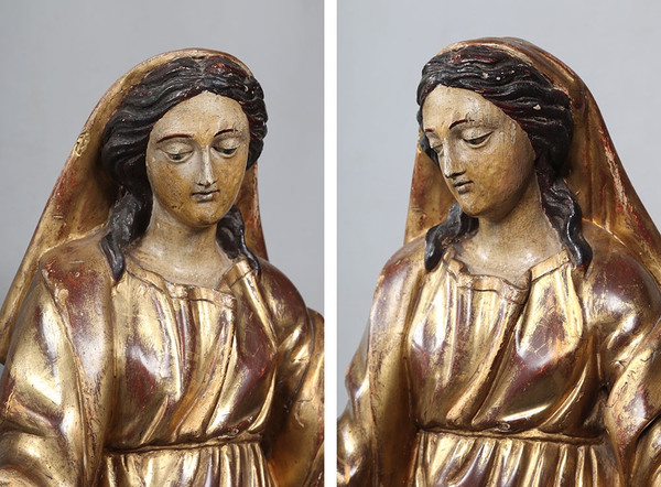 Große Madonna XVIII ème, 67 cm, vergoldete Holzskulptur Blattgold und polychromem Holz