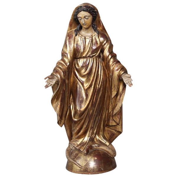 Große Madonna XVIII ème, 67 cm, vergoldete Holzskulptur Blattgold und polychromem Holz