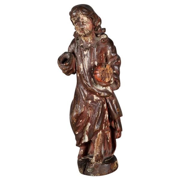 Sculpture, 29 cm, 17th century, in polychrome wood, Jesus holding the Orb