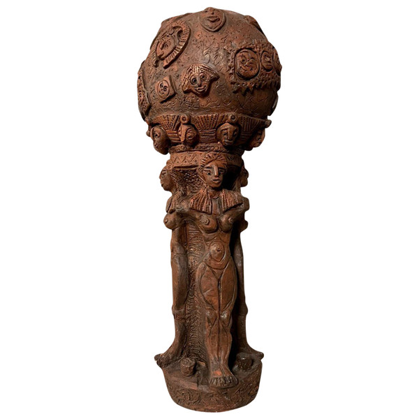 Afrique noire / art populaire, tribal, rituel : Grande sculpture en terre cuite polychrome