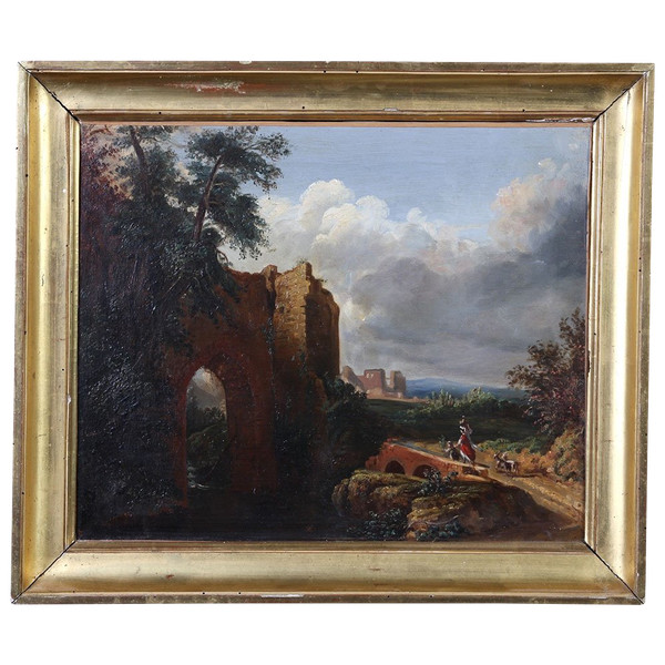 Paesaggio del XIX secolo, Scuola francese, scena rurale con ruderi 