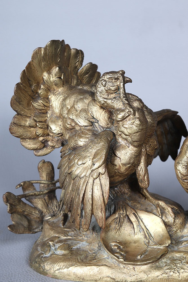 19th century bronze, with golden patina, The Turkey and the Rooster