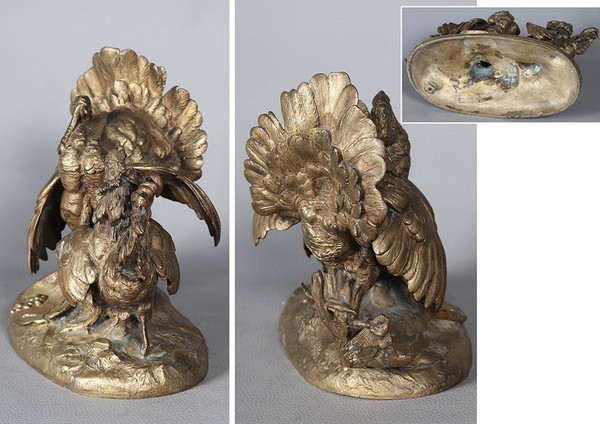 19th century bronze, with golden patina, The Turkey and the Rooster