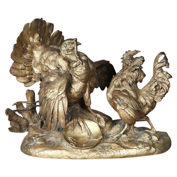 19th century bronze, with golden patina, The Turkey and the Rooster