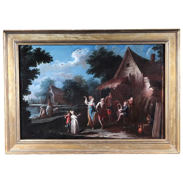 Paesaggio, cm 97, scena campestre del XVIII secolo, scuola francese, animata con personaggi 