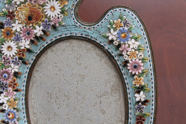 Antique Liberty Frame 1930 made of floral micro mosaic in hard stones. Size 15 x 10