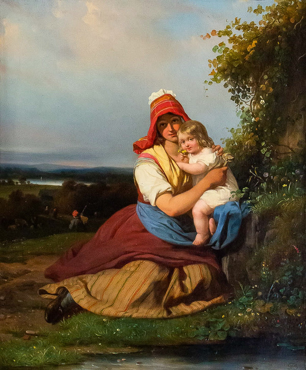 Julien Michel Gué (1789-1843) Ritratto di campagna Donna e bambino olio su tela Periodo romantico