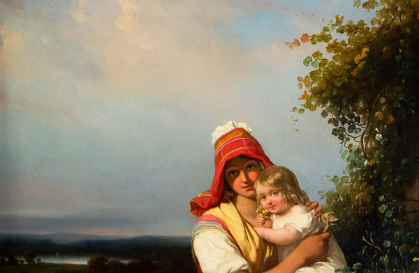 Julien Michel Gué (1789-1843) Ritratto di campagna Donna e bambino olio su tela Periodo romantico