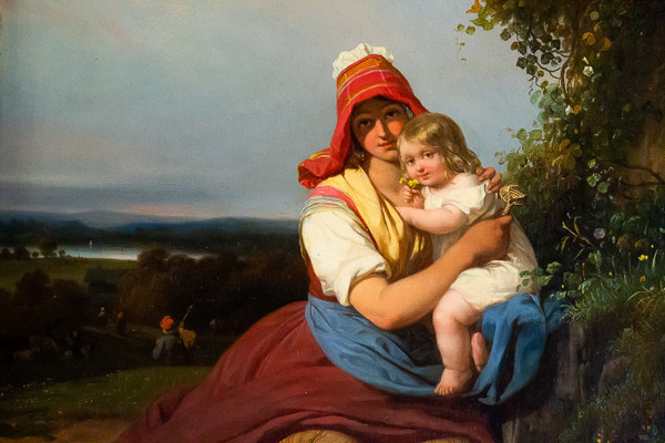 Julien Michel Gué (1789-1843) Ritratto di campagna Donna e bambino olio su tela Periodo romantico