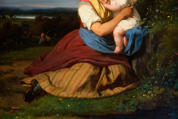 Julien Michel Gué (1789-1843) Ritratto di campagna Donna e bambino olio su tela Periodo romantico