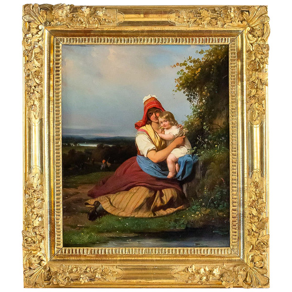 Julien Michel Gué (1789-1843) Ritratto di campagna Donna e bambino olio su tela Periodo romantico