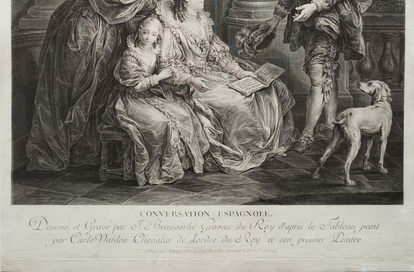 Scene from the Marriage of Figaro 18th century engraving by Beauvarlet after Carle Van Loo