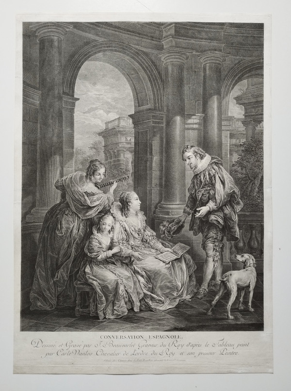 Scene from the Marriage of Figaro 18th century engraving by Beauvarlet after Carle Van Loo