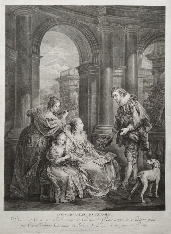 Scene from the Marriage of Figaro 18th century engraving by Beauvarlet after Carle Van Loo