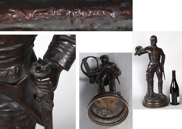 Bronze XIX ème, 60cm, Chasse à Courre, signé : J.VERSTAPPEN, École Belge, trompe de chasse