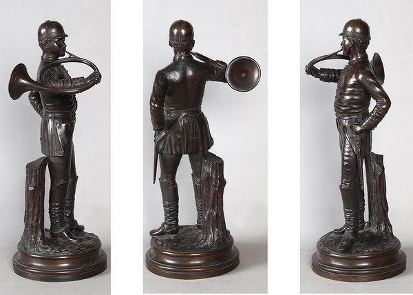 Bronze XIX ème, 60cm, Chasse à Courre, signé : J.VERSTAPPEN, École Belge, trompe de chasse