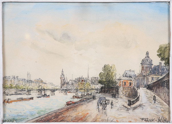 Frank Will (Frank Boggs), Paris, Quai de Seine, Pont des Arts, watercolor