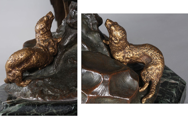 Bronze XIX°, 53 cm, de Jules MOIGNIEZ 1835 / 1894, Faisan et Musaraigne.