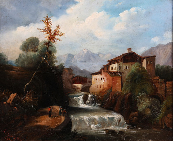 19th century painting, signed: Louis Chignan, from 1847, Animated landscape, mountain, river