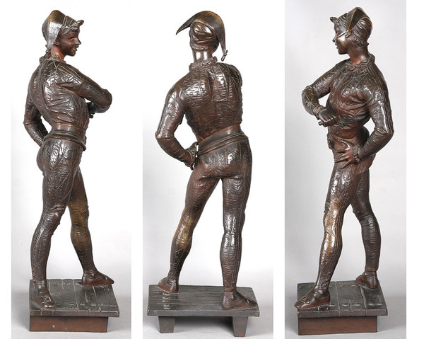 19th century bronze, 54 cm, signed by Emile LAPORTE 1858/1907, Harlequin