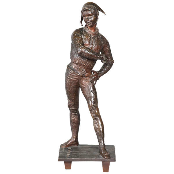 19th century bronze, 54 cm, signed by Emile LAPORTE 1858/1907, Harlequin