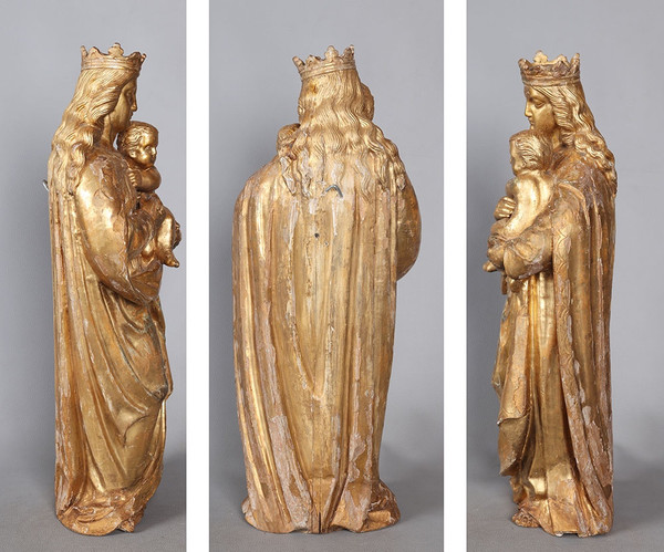 Vergine Incoronata XVIII secolo, cm 56, scultura in legno dorato con foglie d'oro